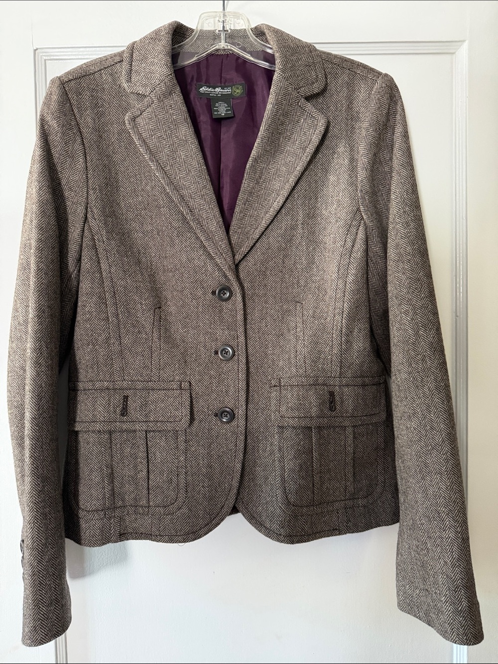 Eddie Bauer Brown Herringbone Wool Blend Blazer with Plum Lining